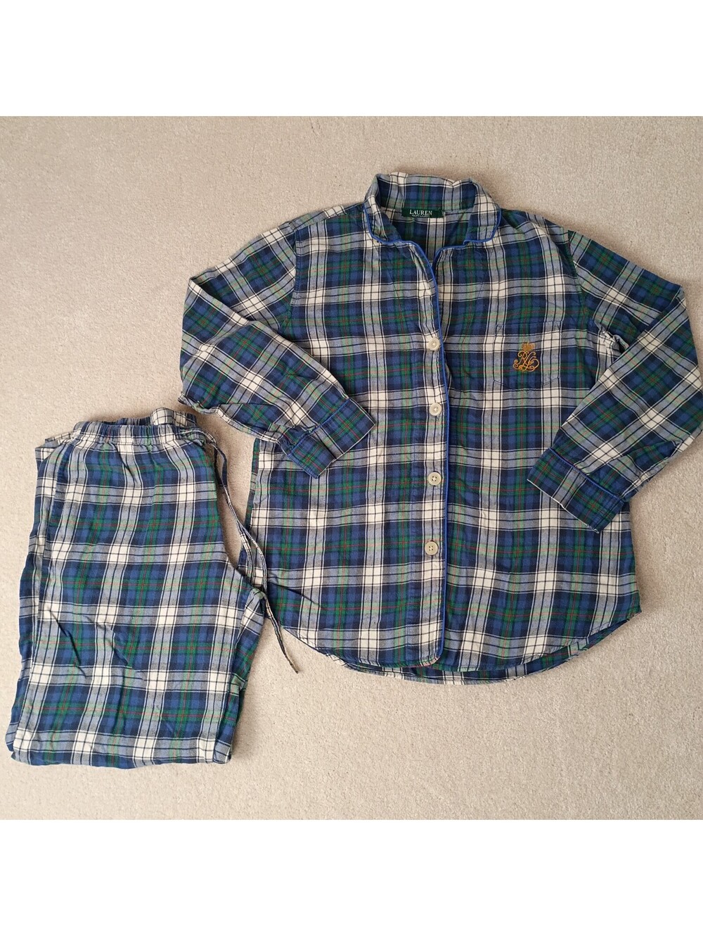 Lauren Ralph Lauren Green Blue Plaid Crest 2 Pc Flannel Pajama Set Cotton - L